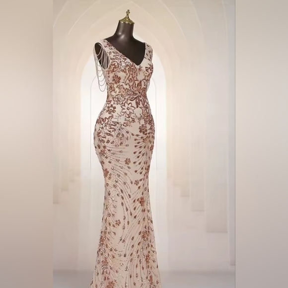 Gold, Floral Print,  V Neck,  Beaded Draped Sleeves,  Contrast Sequined Gown - Picture 15 of 16